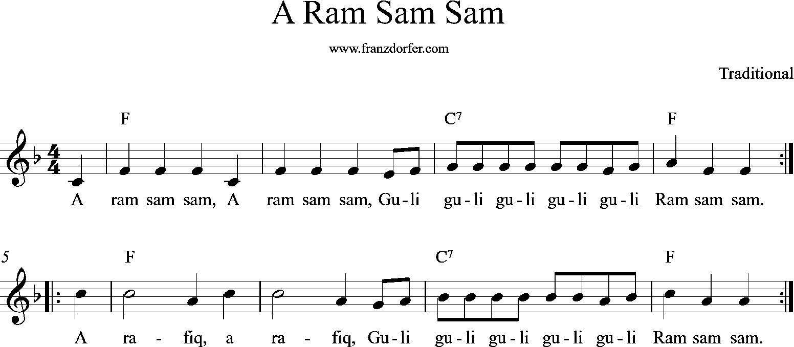 sheetmusic, F-Dur, A ram sam sam